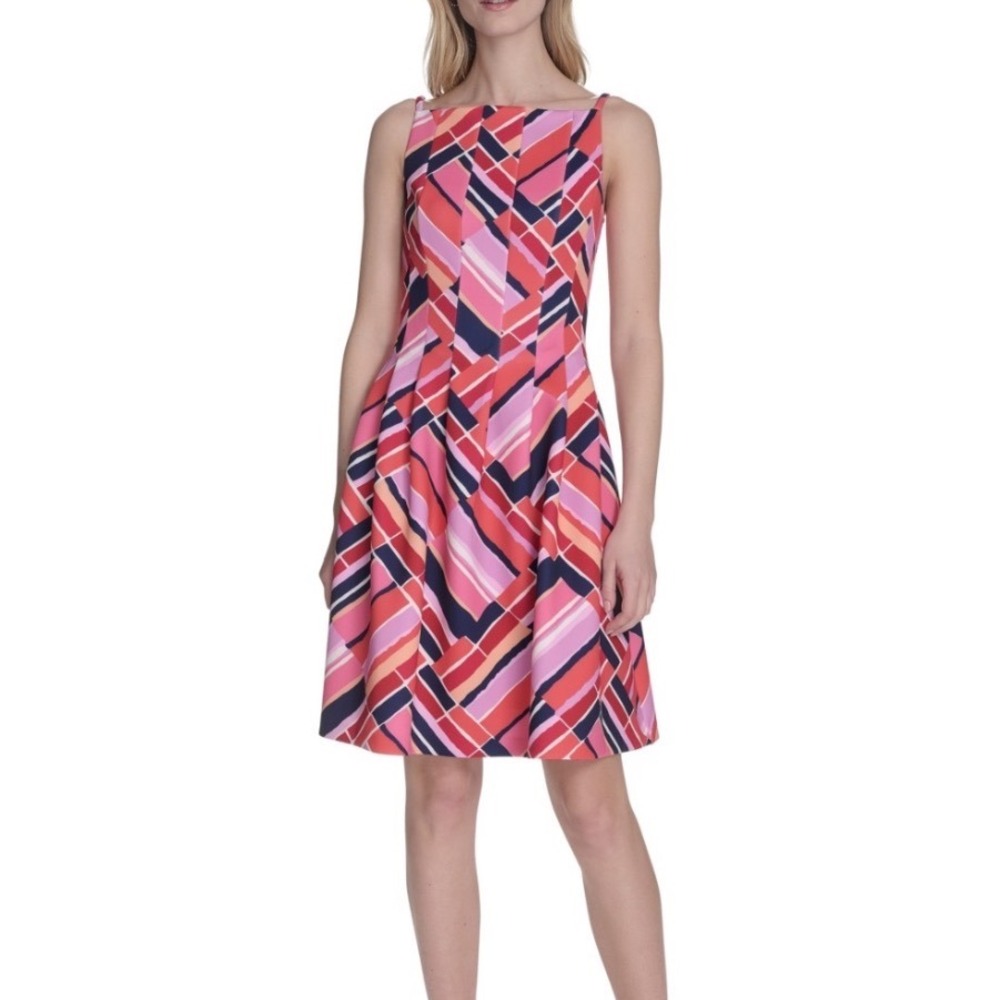 Vince Camuto Abstract Print Dress Womens 18W NWT Pink Navy Fit Flare MSRP $138